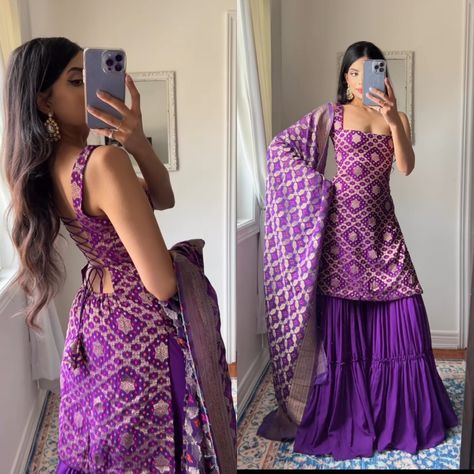 Desi Party Wear Dresses, Dark Purple Sharara Suit, Backless Sharara Designs, Square Neck Sharara Suit, Sharara Suit Back Neck Design, Square Neck Punjabi Suit, Purple Traditional Dress Indian, Desi Neck Designs, Sharara Neck Designs