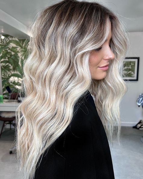 Blonde Dimensional Hair, Hair Tape In Extensions, Icy Blonde Balayage, Winter Blonde Hair, Invisible Hair Extensions, Blonde Hair With Roots, Ice Blonde Hair, Summer Blonde Hair, Icy Blonde Hair