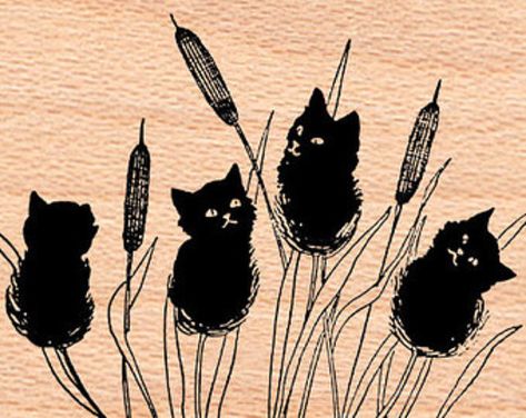 CATTAILS RUBBER STAMP Black Cats, Rubber Stamp, Black Cat, Stamp, Wall, Black, Art