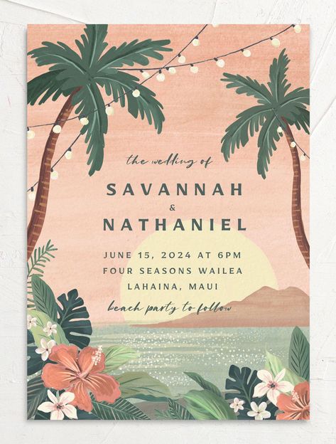 Island Wedding Invitations, Vintage Island, Wedding Planner App, Pre Wedding Party, Romantic Sunset, Themed Wedding Invitations, Vintage Invitations, Hawaiian Wedding, Rehearsal Dinner Invitations