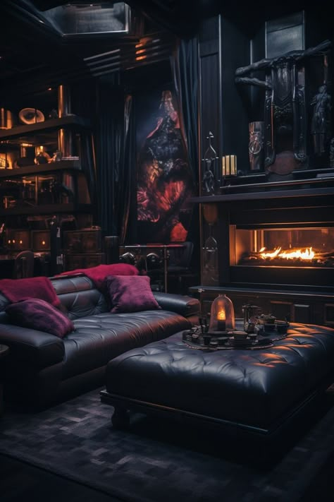 Goth Lounge, Goth House Interior, Covered Front Porch Ideas, Devils Daughter, Dark Home Aesthetic, Futuristic Apartment, Gothic Bar, Dark Academia Home, Creative Office Decor