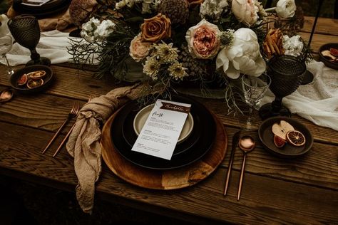 The flair for the lush table settings is where the rustic brown plates have their fabric charger & a pretty thank you card for each guest. west coast weddings dot com Fall 2024 Decor Trends, Rustic Wedding Table Setting, Wedding Table Place Settings, Weddings Decorations Elegant Romantic, Wedding Table Menus, Spring Wedding Photography, Jasmine Wedding, Brown Plates, Montana Elopement