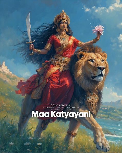 Day 6 of Navratri 🌸 Today, we worship Maa Katyayani – the fierce warrior goddess who embodies courage and the power to destroy evil. She is the protector of righteousness and grants strength to overcome obstacles. May her divine grace fill our hearts with fearlessness and determination. 🙏 #Navratri #Day6 #MaaKatyayani #WarriorGoddess #NavDurga #DivineCourage #Shakti #FearlessSpirit #Navratri2024 #StrengthAndVictory #FestiveVibes Warrior Goddess, Divine Grace, The Protector, Day 6, Lyon, Worship, Festival