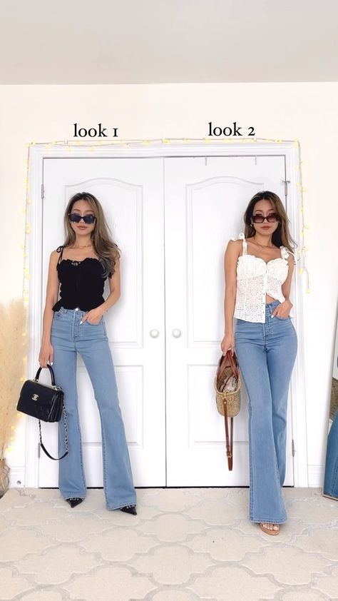 style flare jeans with me! WHICH LOOK is u? 💙🫶🏻 #summeroutfits #flarejeans #outfitinspo #fashioninspo #styleinspo… The post style flare jeans with me! WHICH LOOK is u? appeared first on Kerina Mango. Flared Jeans And Sandals, Jeans And Flip Flops Outfit, Flare Jeans Outfit Summer, Jean Sandals Outfit, Flared Jeans Outfit Summer, Outfit With Flare Jeans, Outfits With Flares, Kerina Wang, Flare Jean Outfit