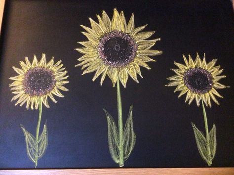 Sunflowers chalk drawing Sunflower Chalk Art, Sunflower Chalkboard Art, Chalk Sunflower, Drawings Of Sunflowers, Sunflower Drawing, Chalkboard Drawings, Chalkboard Ideas, Chalk Drawings, Grade 8