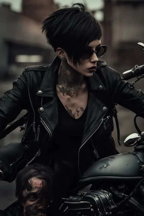 Goth Girl by Kyra Wolfe Goth Biker Aesthetic, Gothic Fitted Winter Biker Jacket, Goth Girl Haircut, Gothic Black Leather Biker Jacket, Flight Suits, Goth Motorcycle Helmet, Motorcycle Workshop, Open Face Helmets, Knight Rider