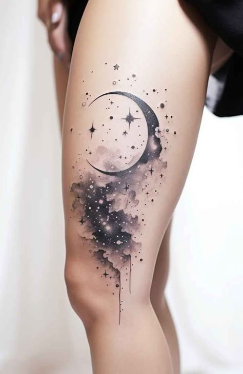 Galaxy Hip Tattoo, Sky And Moon Tattoo, Cosmic Star Tattoo, Cosmic Tattoos For Women, Back To Hip Tattoos Women, Moons And Stars Tattoos, Star Leg Tattoos, Moon Stars Tattoo Designs, Night Sky Tattoos For Women