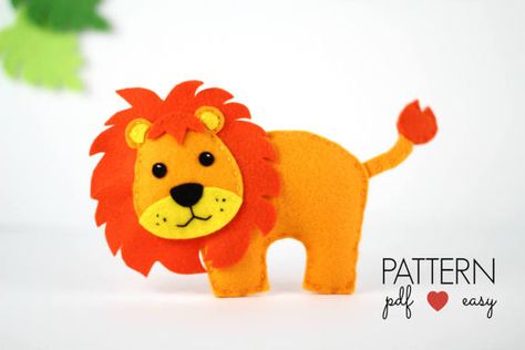 Felt Pattern Lion Sewing Pattern Felt Animal by MaisieMooNZ Safari Nursery Mobile, Felt Lion, Sewing Pattern For Beginners, Sewing Animals, Safari Mobile, Easy Felt Crafts, Ornament Cake, Safari Baby Mobile, Felt Plush