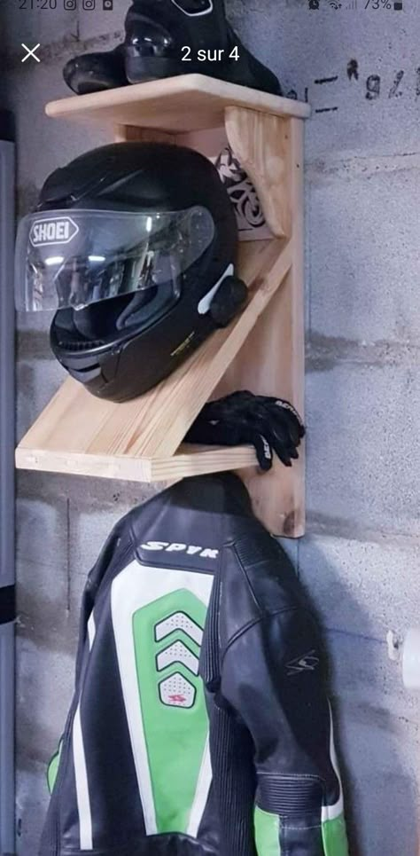 Motorcycle Gear Organization, Diy Motorcycle Helmet Rack, Bike Gear Storage Ideas, Motocross Gear Storage, Motorcycle Gear Storage Ideas, Diy Motorcycle Accessories, Helmet Storage Ideas, Bike Gear Storage, Motorcycle Gear Storage