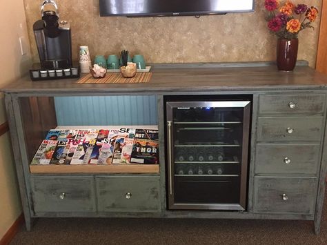 Beverage station, magazine rack, waiting room, coffee bar Waiting Room Coffee Bar, Reception Area Coffee Station, Office Reception Seating Ideas Waiting Area, Diy Waiting Area Seating, Waiting Room Beverage Station, Spa Beverage Station, Salon Waiting Room Ideas Reception Areas, Veterinary Waiting Room Ideas, Shop Waiting Area