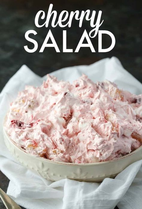 Cherry Salad - Super simple dessert with only six ingredients that you can whip up in a matter of minutes. Perfect for potlucks and parties! Cherry Salad Recipes, Curry Marinade, Dessert Salad Recipes, Cherry Fluff, Cherry Salad, Creamy Fruit Salads, Cherries Salad, Cherry Delight, Canning Cherry Pie Filling