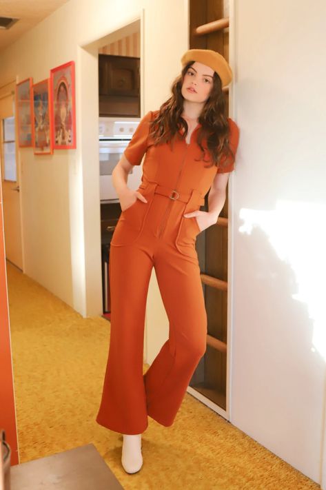 70s Jumpsuit, Orange Jumpsuit, 70s Inspired Fashion, 70s Outfits, Orange Outfit, Jumpsuit Outfit, Jumpsuit With Sleeves, Hippie Outfits, Adjustable Belt