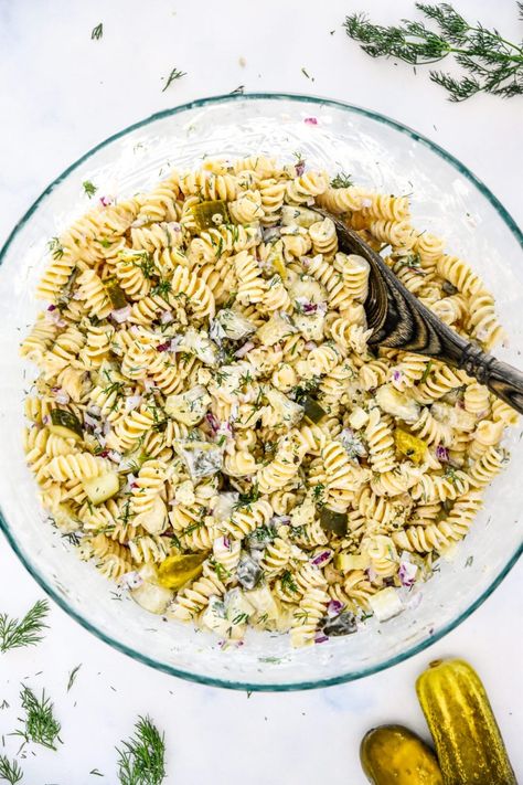 Creamy Dill Pickle Pasta Salad - Project Meal Plan Dill Pasta, Pickle Pasta Salad, Pickle Pasta, Dill Pickle Pasta Salad, Mood Boosting Foods, Red Onion Relish, Rotini Pasta, Onion Relish, Bowtie Pasta