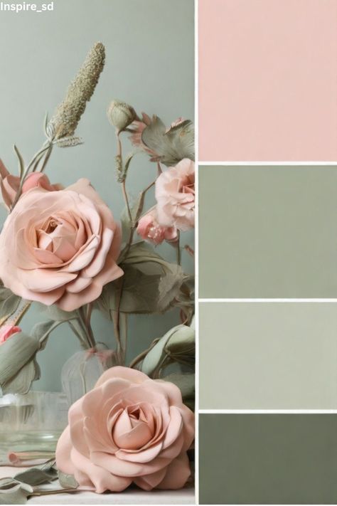 Green Paint Decor Ideas, Green And Blush Pink Living Room, Green Pink Paint Palette, Sage Color Room Ideas, Calming Green Bedroom Colors, Pink Sage Green Living Room, Colours That Compliment Sage Green, Sage Green And Blush Pink Color Palette, Calming Home Colors