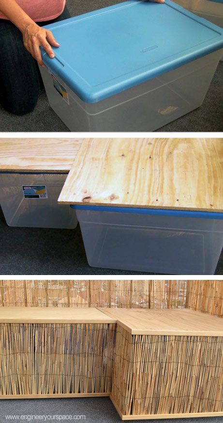 super easy diy bench- made with rubbermaid containers! this would be perfect for around the fire pit i could make it L shaped and put it up against the fence so you could lean on the pillows. Pallet Pool, Diy Bank, Pool Storage, Diy Bench Outdoor, 아파트 인테리어, Diy Bench, Plastic Bins, Small Balcony, Small Storage