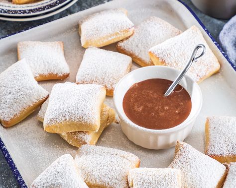 Air-Fried Beignets with Milk Chocolate Sauce Paula Deen Collard Greens, Air Fryer Beignets, Milk Chocolate Sauce, White Chocolate Mousse, Active Dry Yeast, Sweet Rolls, Instant Pudding, Paula Deen, Chocolate Sauce