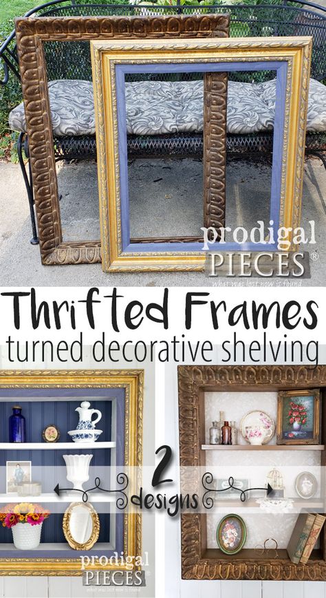 Grab those thrifted store cast-offs and create some repurposed picture frame shelves for your home decor. DIY tutorial by Larissa of Prodigal Pieces | prodigalpieces.com #prodigalpieces #handmade #diy #home #homedecor #homedecorideas #crafts Repurpose Picture Frames Diy, Picture Frame Shelf, Picture Shadow, Frame Shelves, Picture Frame Projects, Cute Picture Frames, Box Picture Frames, Picture Frame Crafts, Decorative Shelving