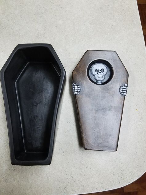 Handpainted Ceramic Bisque Halloween Coffin Box Box Pottery Ideas, Coffin Ceramics, Emo Ceramics, Slab Box Ceramics Ideas, Clay Coffin, Clay Inspo, Coffin Box, Halloween Coffin, Sculpture Art Clay