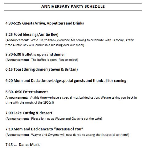 65th Anniversary Party Schedule Anniversary Party Itinerary, Anniversary Party Planning Checklist, 50th Anniversary Party Themes, Anniversary Party Checklist, Wedding Anniversary Party Themes, Anniversary Party Themes, Party Planning Printable, Party Schedule, 60th Wedding Anniversary Party