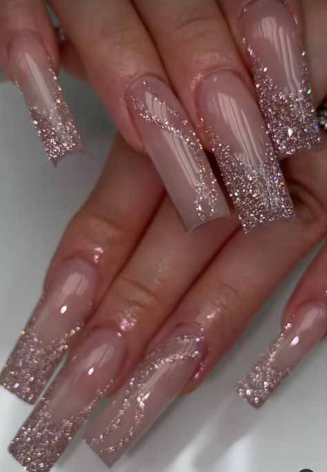 Nude Prom Nails, Nude Glitter Acrylic Nails, Clear Glitter Acrylic Nails, Elegant Nude Nails, Reflective Glitter Nails, Champagne Nails, Quince Nails, Birthday Things, Gold Glitter Nails