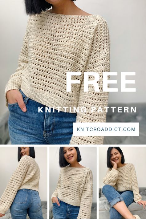 Free knitted sweater pattern includes women's sizes XS-XXL. Free Easy Knitting Patterns For Women, Crochet Sweater For Women, Modern Crochet Sweater, Crop Sweater Pattern, Sweater Knitting Patterns Ladies, Knitted Sweaters Diy, Easy Sweater Crochet, Summer Knitting Patterns For Women, Cotton Sweater Knitting Pattern