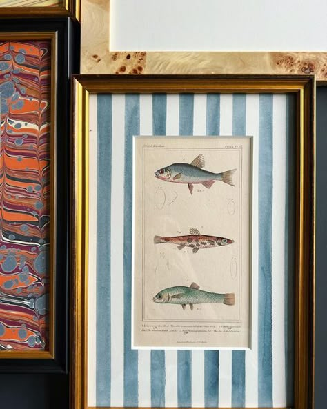 Vintage Fish Painting, Antique Wall Gallery, Coastal Vintage, Fish Room, Vintage Nautical Decor, Eclectic Nursery, Fishing Nursery, Vintage Kids Room, Unique Framing