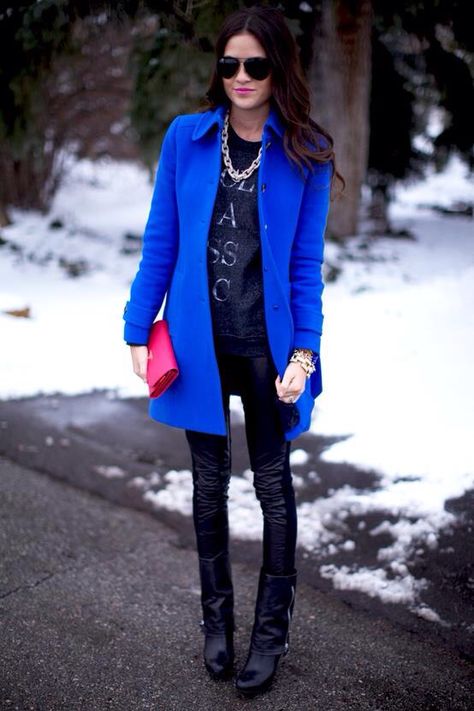 Electric blue. Casual Rocker Style, Seasonal Outfits, Blue Winter Coat, Bright Fashion, Bright Winter, Cold Outfits, Blue Coat, Rocker Style, Blue Coats