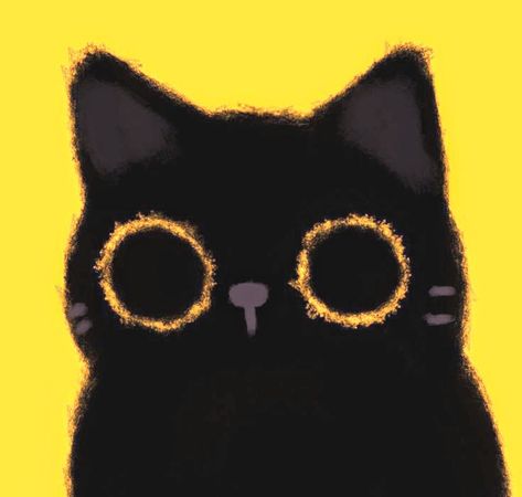 Cute Yellow Pfp Aesthetic, Scrunkly Cat Drawing, Black And Yellow Icons, Black Cat Doodles, Black Cat With Yellow Eyes, Kitten Drawing, Cat Doodle, Doodle Art Drawing, Cat Icon