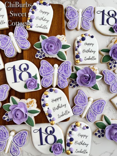 Butterfly Theme 18th Birthday Party, 18th Birthday Butterfly Theme, Purple Butterfly Cookies Decorated, 18th Birthday Cookie Ideas, Purple Birthday Cookies Decorated, Purple Birthday Cookies, 18th Birthday Cookies Decorated, Butterfly Birthday Cookies, 18th Birthday Cookies