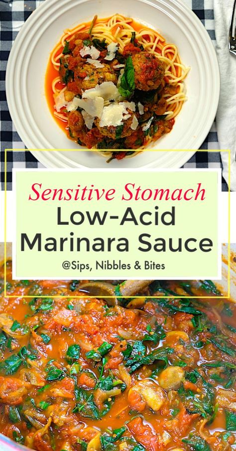 My Marinara Sauce recipe is foolproof, simple and straight forward, but like all tomato sauces, it is acidic. I have several people in my family sensitive to acidic foods and so I have developed a few life hacks to help neutralize the acids in our diet. #gerd #lowacidrecipe #marinarasauce #acidreflux #lowaciddiet #pasta #sensitivestomach #dinner #recipe #mealprep #italian #italy #Mushroomsauce #heartburn #antacid #alkalinediet #glutenfree #stomach #health #healthy #healthygut #weightloss Gerd Soup Recipe, Gerd Vegetarian Recipes, Acid Watcher Diet Recipes, Non Acidic Pasta Sauce, Gerd Pasta Recipes, Gerd Friendly Pasta Recipes, Gerd Diet Recipes Meals, Recipes For Acid Reflux Meals, Gerd Snacks