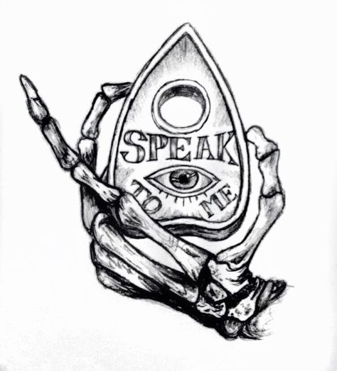 Scary Tattoo Ideas Dark Horror, Dark Halloween Tattoos, Ouija Board Tattoos, Halloween Planchette Tattoo, Quija Board Tattoo, Dark Creepy Tattoos, Ouija Drawing, Ouija Board Drawing, Ouija Board Planchette Tattoo