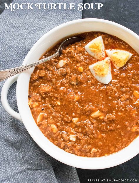 A wonderfully old-timey soup that is absolutely not made of turtles, but rather ground beef. Layered flavors - but easy preparation - and a full-bodied texture make for a delicious and comforting bowl of soup! Recipe at SoupAddict.com Turtle Soup Recipe, Stove Top Soup, Mock Turtle Soup, Dinner Beef, Turtle Soup, Fast Meals, Winter Soup Recipe, Delicious Soups, Soup With Ground Beef