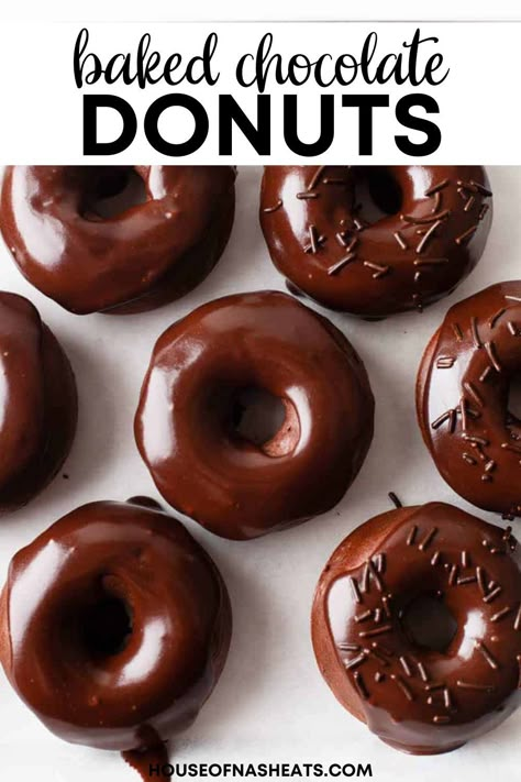 These fluffy and soft Baked Chocolate Donuts topped with a thick and rich chocolate glaze that sets up just like the kind at the donut shop. They are a chocoholics' dream come true and a perfect treat any time of the day! | baked chocolate donuts recipe easy | chocolate baked donuts with donut pan | chocolate baked donuts recipe | baked doughnuts chocolate | baked chocolate doughnuts recipe | baked donuts chocolate glaze | breakfast donuts baked | baked donuts with donut pan breakfast recipes Donut Ganache Recipe, Healthy Baked Donut Recipes, Donut Pan Recipes, Chocolate Doughnut Recipe, Baked Donuts With Donut Pan, Pan Breakfast Recipes, Baked Chocolate Donuts Recipe, Easy Chocolate Donut Recipe, Donuts Recipe Baked