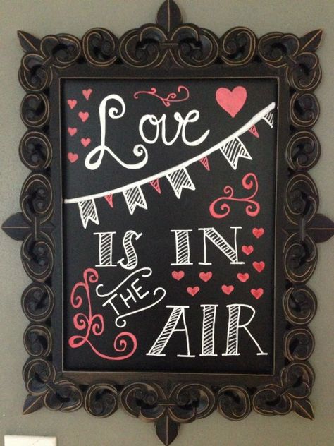 Take a stab at this Valentine chalkboard art – Love is in the air! Valentine Home Decor Ideas on Frugal Coupon Living. Valentine Chalkboard Ideas, Valentine Chalkboard Art, Chalkboard Art Quotes, Chalkboard Writing, Blackboard Art, Chalk Sign, Chalkboard Drawings, Chalkboard Lettering, Chalk Lettering