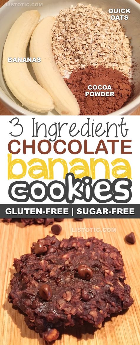 3 Ingredient Healthy Chocolate Banana Cookie Recipe | Sugar free, gluten free, vegan, healthy dessert and snack recipe. Listotic.com Chocolate Banana Cookies, Sugar Free Cookie Recipes, Banana Cookie Recipe, Healthy Chocolate Cookies, Healthy Chocolate Banana, Guilt Free Snacks, Banana Cookies, Resep Diet, Chocolate Cookie Recipes