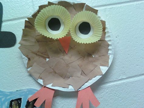 Items needed: Paper plate, construction paper, 2 paper muffin cups, scissors, and glue. Cute and simple. Saw it at a local daycare. Owl Crafts Preschool, Owl Babies, Owl Craft, Owl Moon, Animal Craft, Fun Fall Crafts, Owl Crafts, Nocturnal Animals, Fall Craft