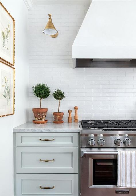 Aqua Kitchen Cabinets, Craftsman Kitchen Ideas, Katie Davis Design, Bar Family Room, White Brick Backsplash, Drake House, Modern Hamptons Style, White Brick Tiles, Light Green Kitchen