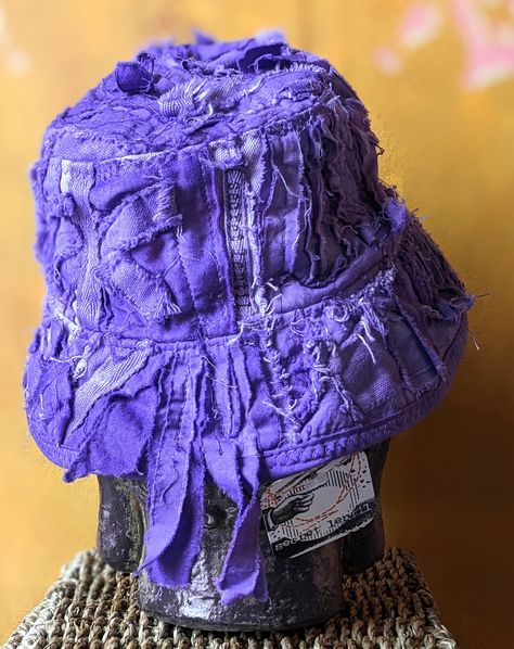 purple. artifacted. hat. linen and cotton frayed surface built up on a cotton canvas base just added to my website Large Bucket Hat, Tree Shop, Christmas Tree Shop, Buddha Head, Shake It, I Pick, Scarf Hat, Rattles, Beaded Bags