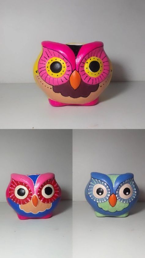 Owl Clay Pots Ideas, Flower Vase Design, Unique Flower Vases, Owl Planter, Coil Pottery, Painted Pots Diy, Clay Wall Art, Pottery Painting Designs, Diy Jar Crafts