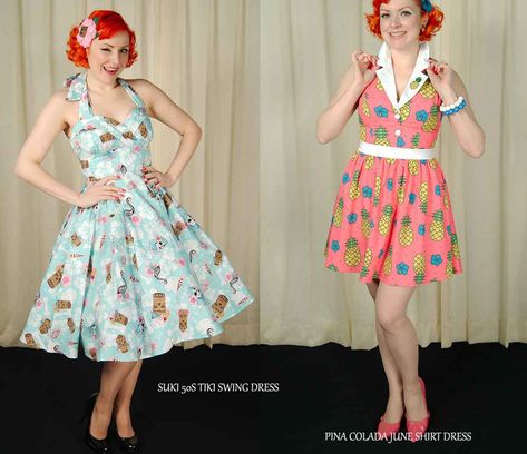 Tiki-Dresses-from-Cats-Like-Us Tiki Bar Outfit, Outfit Ideas Retro, Bar Outfit Ideas, Tiki Dress, Tiki Style, Bar Outfits, Bar Outfit, Julie Ann, Rockabilly Outfits