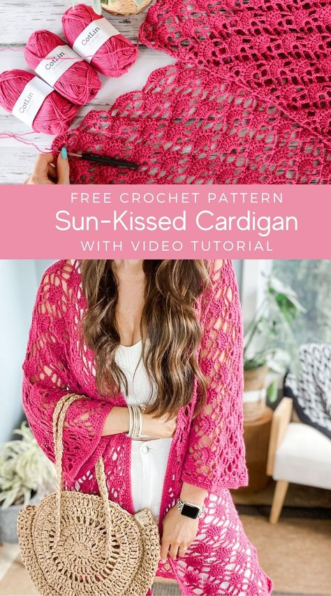 Sun-kissed cardigan crochet pattern and video. Crochet this beautiful lace stitch crochet cardigan in XS-5X sizes. Lace Stitch Crochet, Hand Crocheting, Crochet Gilet, Crochet Lace Cardigan, Lace Cardigan Pattern, Crochet Kimono Pattern, Cardigan Crochet Pattern, Crochet Cardigan Pattern Free, Crochet Kimono