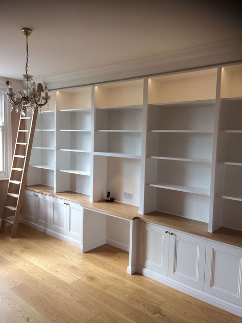 Bookshelves With Ladder, Library Unit, Dads Office, Color In Interior Design, Offices Ideas, Ladder Ideas, Alcove Storage, Built In Bookshelves, Sliding Ladder