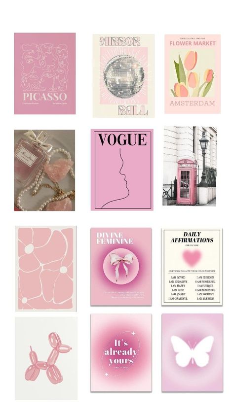 Room Decor Girly Pink, Happy Bedroom Aesthetic, Tableau Aesthetic, Printable Wall Collage, Pink Room Decor, Bedroom Wall Collage, Scrapbook Printing, Girly Wall Art, Phone Aesthetic