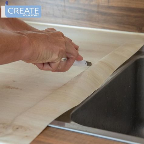 Create Your World Ltd on Instagram: “When applying vinyl to your worktop, leave enough excess to trim around the sink, once trimmed use white silicone sealant to make the edges…” Vinyl Furniture, Budget Kitchen Makeover, Kitchen Makeovers, Budget Kitchen, Furniture Update, Kitchen Worktop, Scandinavian Furniture, Kitchen On A Budget, Door Furniture