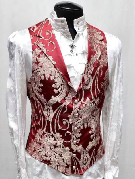 Victorian Fashion Male, Red And Gold Suit, Victorian Suits, Aristocrat Vest, Victorian Mens Clothing, Victorian Vest, Fancy Suit, Mens Fashion Suits, Red Satin