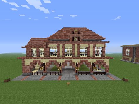 Minecraft Train Station Ideas, Minecraft Railway Station, Minecraft Railway, Minecraft Train Station, Small Train Station, Train Station Design, Minecraft Train, Fantasy Builds, Portal Knight