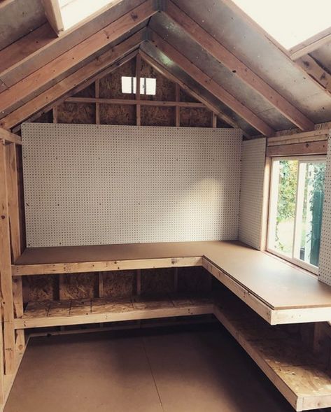 Storage Shed Workshop, Work Shed Ideas, Work Shed Ideas Workshop, Workshop Shed Design, Shed Workshop Ideas, Shed Wall Ideas, Shed Hangout Ideas, She Shed Workshop, Shed Storage Shelves