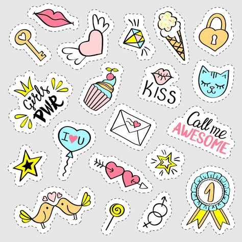 Girly Stickers, Trendy Illustration, Vector Doodle, Preppy Stickers, Fashion Girly, Homemade Stickers, Abstract Wallpaper Design, Scrapbook Stickers Printable, Stickers Set