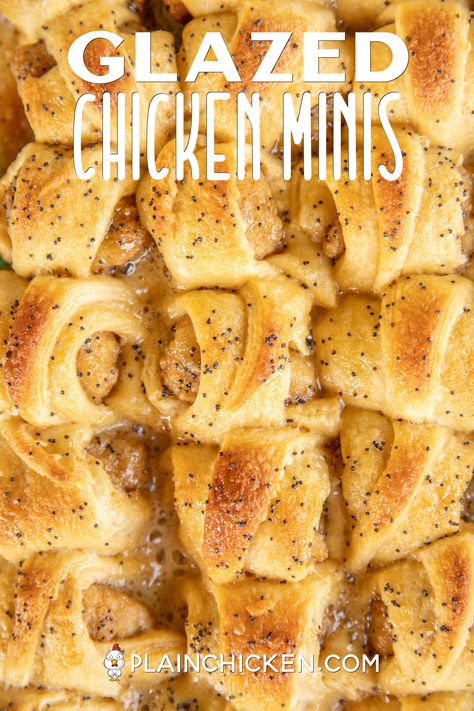 Glazed Chicken Minis - chicken nuggets wrapped in crescent rolls and baked in a sweet and savory brown sugar glaze. Took these to a party and they were gone in minutes!!! Crescent rolls, frozen popcorn chicken, brown sugar, butter, poppy seeds and Worcestershire sauce. I have zero self-control around these things! Dangerously delicious!! A MUST for all your tailgates and parties! #tailgating #chickfila #chickenmini #partyfood #appetizer Chicken Brown Sugar, Frozen Popcorn, Plain Chicken Recipe, Football Friday, Brown Sugar Butter, Chicken Minis, Brown Sugar Glaze, Crescent Roll Recipes, Chicken Rolls