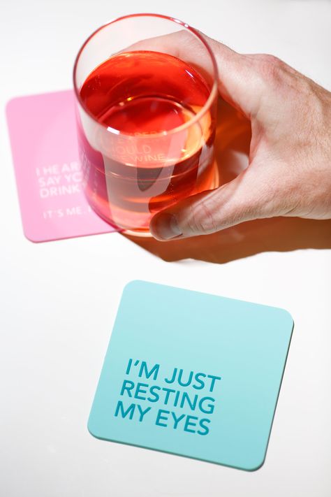 Yeah…that’s what they all say. Say goodbye to table ring stains with this colorful silicone coaster. Thick, durable, reusable, soft pvc coaster 4"x4" 1/8 inch thick Sea foam with teal text Coaster text: I'M JUST RESTING MY EYES Merch Ideas Products, Coaster Photography, Branded Merch, Fun Coasters, Silicone Coasters, Food Branding, Printed Coasters, Square Coasters, Fancy Gifts